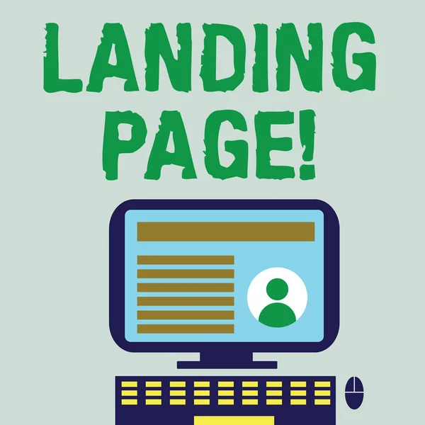 Szöveg írása Landing Page szó. Üzleti koncepció, a web, amely arra szolgál, mint a belépési pont a különös website asztali számítógép szerelt állni az Online profil adatok a képernyőn. — Stock Fotó