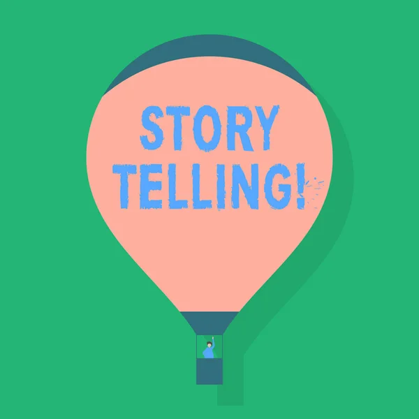 Word pisanie tekstu opowiadania. Koncepcja biznesowa dla aktywności pisanie opowiadań dla publikowania ich na publiczny puste różowy gorącym powietrzem balon pływające z jednego pasażera macha z Gondola. — Zdjęcie stockowe