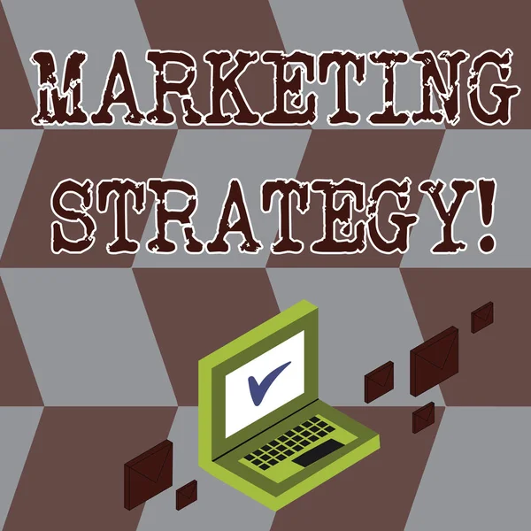 Conceptual hand writing showing Marketing Strategy. Business photo showcasing plan of action promote and sell product or service Mail Envelopes around Laptop with Check Mark icon on Monitor.