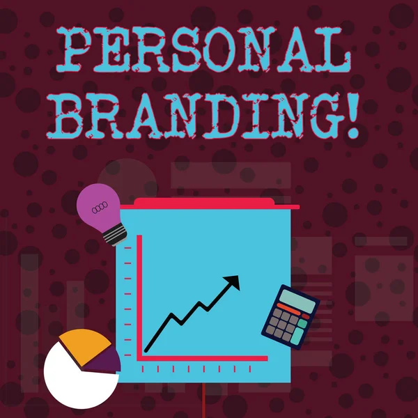 Conceptual hand writing showing Personal Branding. Business photo showcasing practice of showing marketing themselves and their careers Investment Icons of Pie and Line Chart with Arrow Going Up. — Stock Photo, Image