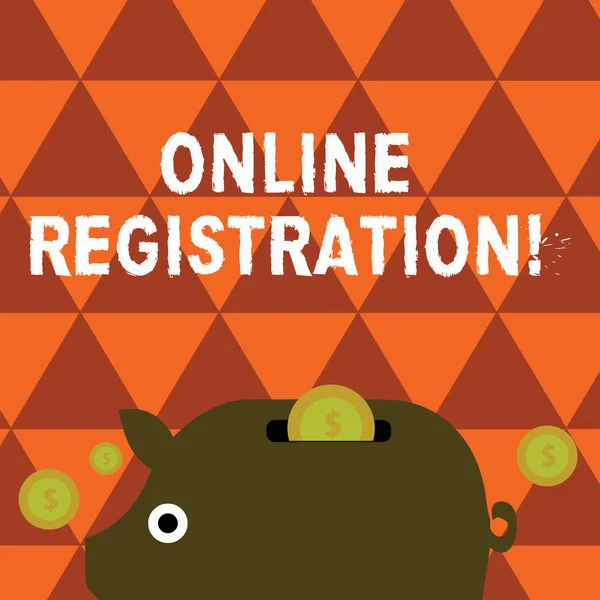 Texto para escrita de palavras Online Registration. Conceito de negócio para System for subscribing or registering via Internet Colorful Piggy Money Bank and Coins with Dollar Moeda Entrar Slit . — Fotografia de Stock