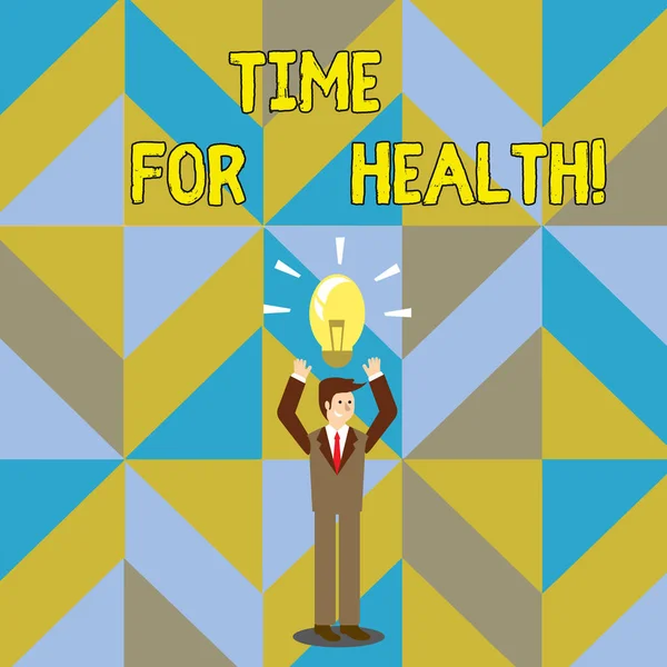 Handwriting text writing Time For Health. Concept meaning moment for physical mental and not merely absence disease Businessman Standing Raising Arms Upward with Lighted Bulb Icon on his Head. — Stock Photo, Image