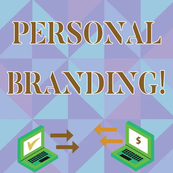 Writing note showing Personal Branding. Business photo showcasing practice of showing marketing themselves and their careers Arrow Icons Between Two Laptop Currency Sign and Check Icons. — Stock Photo, Image