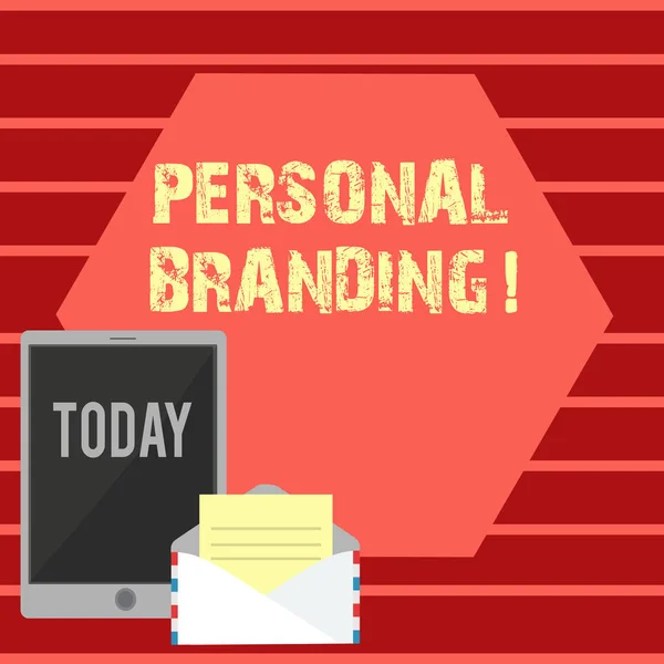 Writing note showing Personal Branding. Business photo showcasing practice of showing marketing themselves and their careers Envelope with Paper and Tablet Screen on Color blank Space. — Stock Photo, Image