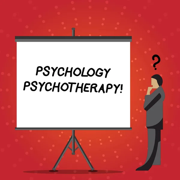 Conceptual hand writing showing Psychology Psychotherapy. Business photo text treatment of mental disorder by psychological means Businessman with Question Mark Above his Head Blank Screen. — Stock Photo, Image
