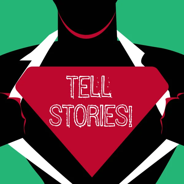 Signo de texto que muestra Tell Stories. Descripción conceptual de la foto del evento o algo que le pasó a alguien Hombre en Superman Pose Abriendo su camisa para revelar el logotipo triangular en blanco . — Foto de Stock