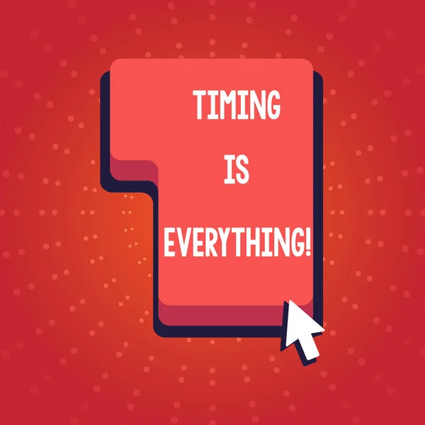 Text sign showing Timing Is Everything. Conceptual photo Consideration events can influence some desired outcome Direction to Press or Click the Red Keyboard Command Key with Arrow Cursor.