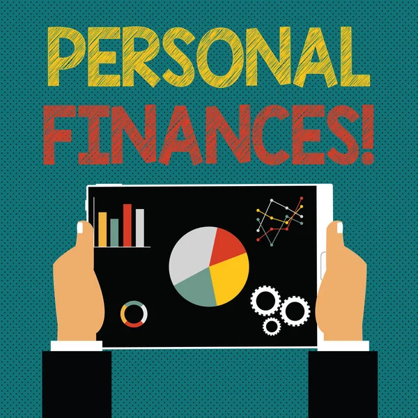 Schreibnotiz mit persönlichen Finanzen. Business-Foto, das die Analyse von Geld und Finanzentscheidungen zeigt, um Hände zu zeigen, die Tablet mit Suchmaschinenoptimierung auf dem Bildschirm halten. — Stockfoto