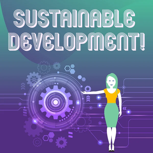 Написание текста "Устойчивое развитие". Бизнес-концепция развития без истощения природных ресурсов Женщина, стоящая и представляющая SEO-процесс с шестеренками внутри . — стоковое фото