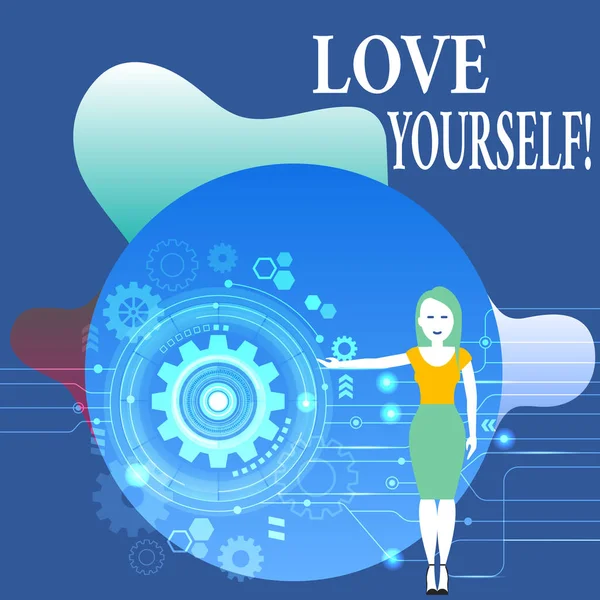 Scrivere una nota che mostra Love Yourself. Business photo showcase hanno rispetto di sé immagine positiva e accettazione incondizionata Donna Presentando il processo SEO con ingranaggio ruota dentata all'interno . — Foto Stock