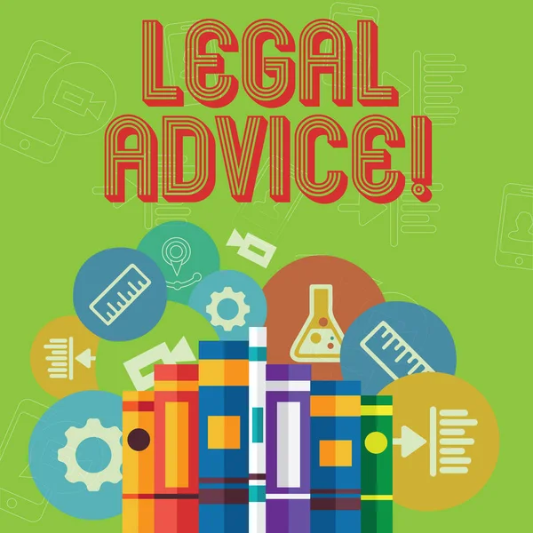 Conceptual hand writing showing Legal Advice. Business photo text professional advices that is provided by professional lawyer Books Arranged Standing in Row with Educational Icons Behind.