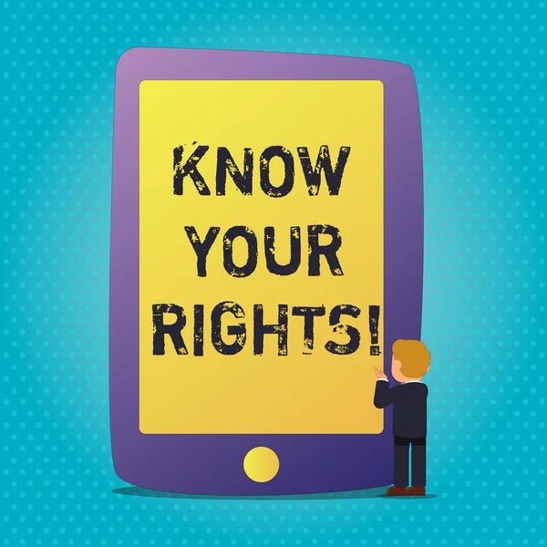 Word writing text Know Your Rights. Business concept for must have knowledge about what you owe to community Businessman Standing and Gesturing Facing Blank Screen Giant Tablet Device. — Stock Photo, Image