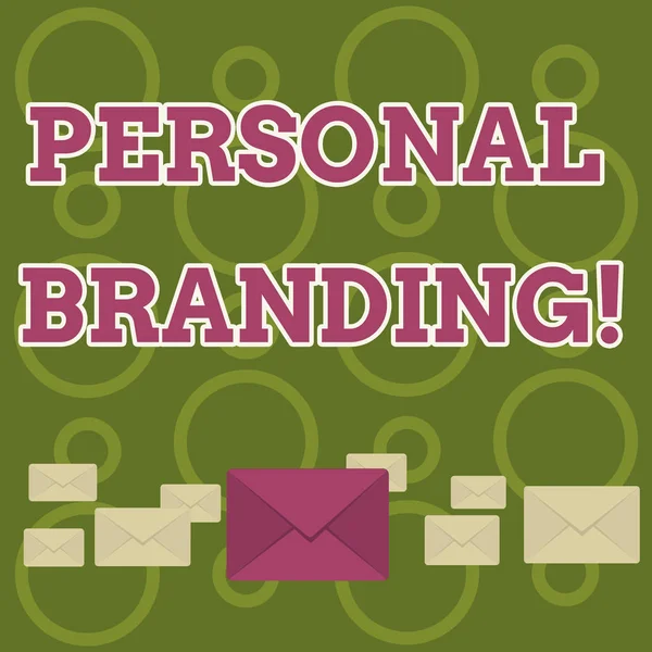 Word writing text Personal Branding. Business concept for practice of showing marketing themselves and their careers Pastel Color Closed Envelopes in Different Sizes with Big one in the Middle. — Stock Photo, Image