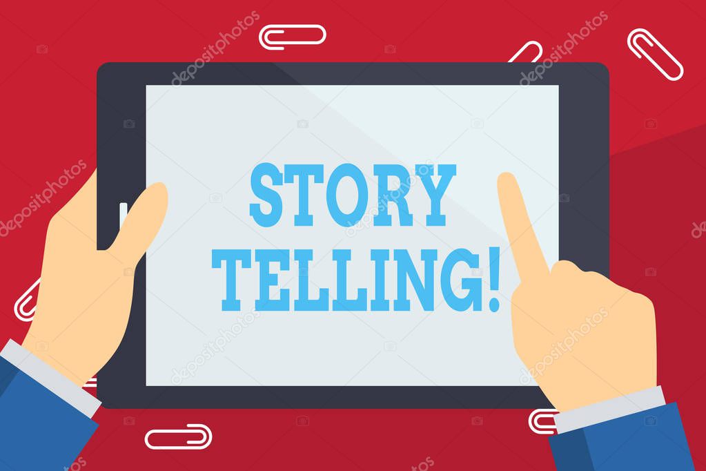 Writing note showing Story Telling. Business photo showcasing activity writing stories for publishing them to public Businessman Hand Holding and Pointing Colorful Tablet Screen.