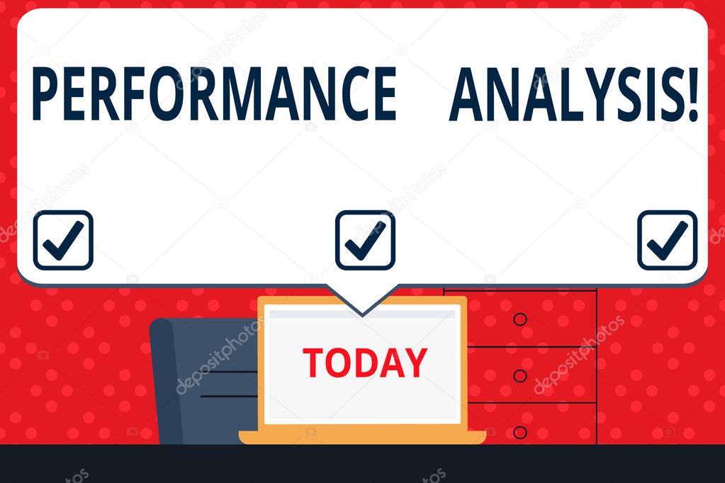 Handwriting text Perforanalysisce Analysis. Concept meaning analyzing Productivity imrpove Quality input Time Blank Huge Speech Bubble Pointing to White Laptop Screen in Workspace Idea.
