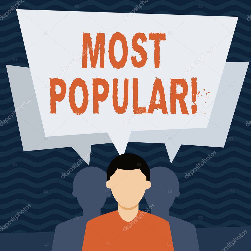 Handwriting text Most Popular. Concept meaning defined as liked or enjoyed by analysisy showing in particular place Faceless Man has Two Shadows Each has Their Own Speech Bubble Overlapping.