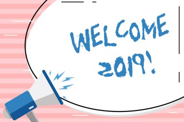 Kavramsal el yazma gösteren karşılama 2019. Yeni yıl gibi biri tebrik örnek veya analysisners vitrine iş fotoğraf oval şekil Sticker ve megafon ses simgesi ile çığlık.