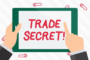 Ticari sır gösterilen metin işareti. Kavramsal fotoğraf aygıt veya teknik ürünleri el Holding işaret dokunmadan boş dikdörtgen renk Tablet beyaz ekran şirket analysisufacturing kullanılan.