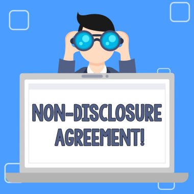 Bilgilendirme sözleşmesi 'Ni gösteren Not yazma. Taraflar vitrinde iş fotoğrafı gizli bilgileri ifşa değil kabul adam Holding ve dizüstü ekran arkasında Binoklar bakarak.