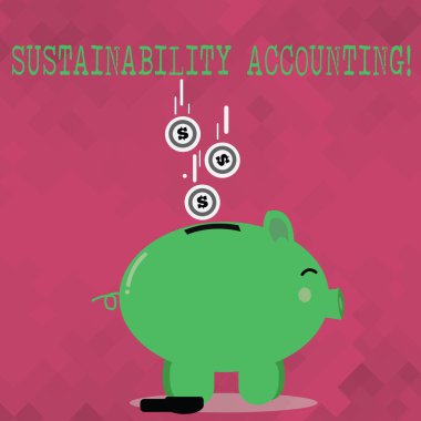 El yazısı metni sürdürülebilirlik muhasebesi. Konsept anlam aracı kullanılan kuruluşlar daha sürdürülebilir renk Piggy Bankası SideView ve dolar para paraları yarık aşağı Falling hale.