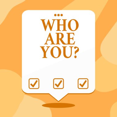 Kavramsal el yazma kimin soru olduğunu gösteriyor. Kimlik veya demonstratingal bilgi gösteren iş fotoğrafı metin beyaz konuşma balon üstte üç delikli delik ile yüzen.