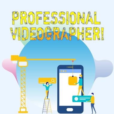 Kavramsal el profesyonel kameramanların gösterilen yazma. İş fotoğraf video filmler yapan gösteren vitrine iş personel çalışma birlikte hedefe Seo işlemi simgeleri ile para.