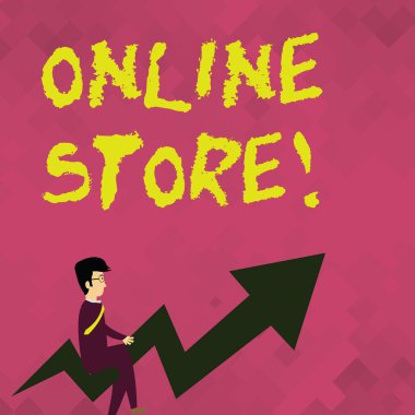 Metin Online Store yazılı kelime. İş kavramı ile mal veya hizmet üzerinde Internet işadamı gözlük sürme çarpık renk ok işaret Going Up ile satıldığı Web sitesi için.