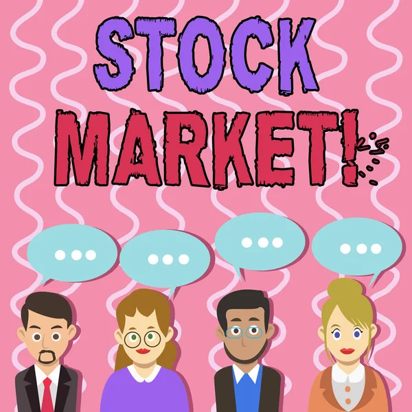 Sinal de texto mostrando Stock Market. Coleção de fotos conceitual comercializa trocas onde atividades de compra de venda Grupo de Negócios Pessoas com Cor em Branco Chat Speech Bubble com Três Pontos . — Fotografia de Stock