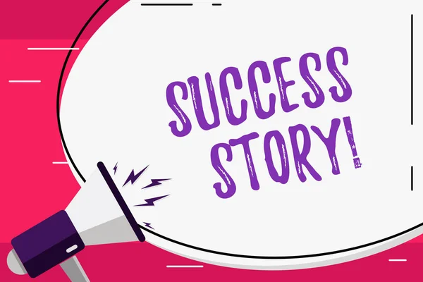 Word writing text Success Story. Business concept for story of demonstrating who rises to fortune or brilliant achievement Blank White Huge Oval Shape Sticker and Megaphone Shouting with Volume Icon.