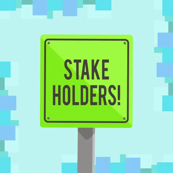 Writing note showing Stake Holders. Business photo showcasing dependent party with each of those make wager deposits money 3D Square Colorful Caution Road Sign with Black Border Wood. — Stock Photo, Image