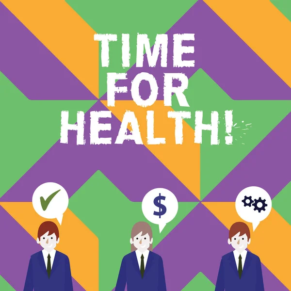 Word writing text Time For Health. Business concept for moment for physical mental and not merely absence disease Businessmen Each has their Own Speech Bubble with Optimization Cost Icons. — Stock Photo, Image