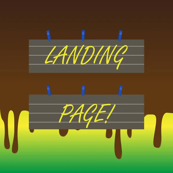 Tekst pisma Landing Page. Koncepcja znaczenia internetowych, który służy jako punkt wejścia dla danej witryny internetowej dwa kolor puste Strip rozmiar pokryte papieru arkuszy wiszące przy użyciu niebieski Clothespin. — Zdjęcie stockowe
