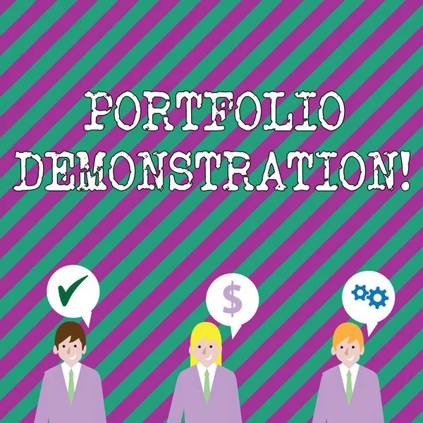 Text sign showing Portfolio Demonstration. Conceptual photo range of investments held by demonstrating or organization Businessmen Each has their Own Speech Bubble with Optimization Cost Icons.