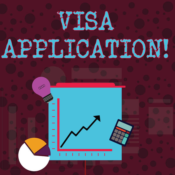 Conceptual hand writing showing Visa Application. Business photo showcasing conditional authorization granted by country to foreigner Investment Icons of Pie and Line Chart with Arrow Going Up.