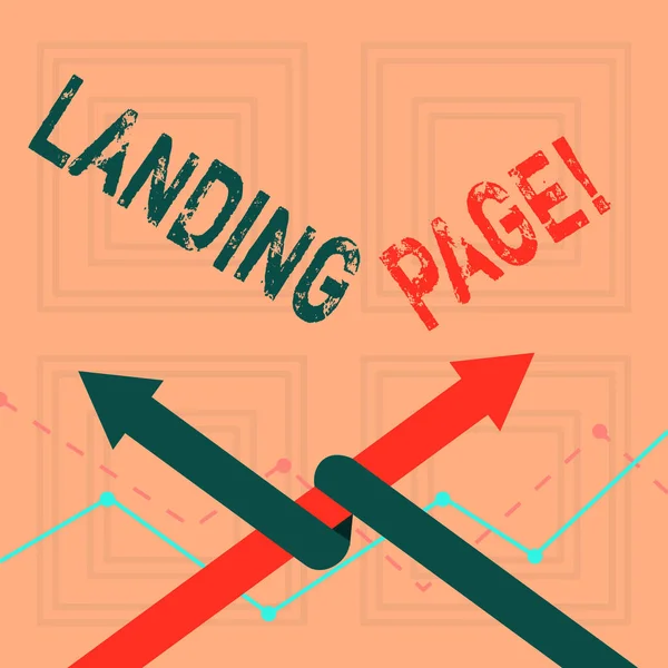 Writing note showing Landing Page. Business photo showcasing web which serves as entry point for particular website Two Arrows One Intertwined to Other Team Up or Competition. — Stock Photo, Image