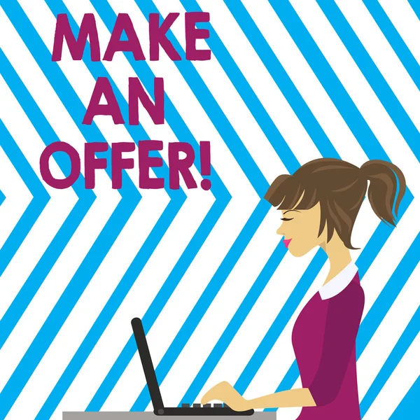 Word writing text Make An Offer. Business concept for one will pay specified amount of money for something photo of Young Busy Woman Sitting Side View and Working on her Laptop. — Stock Photo, Image