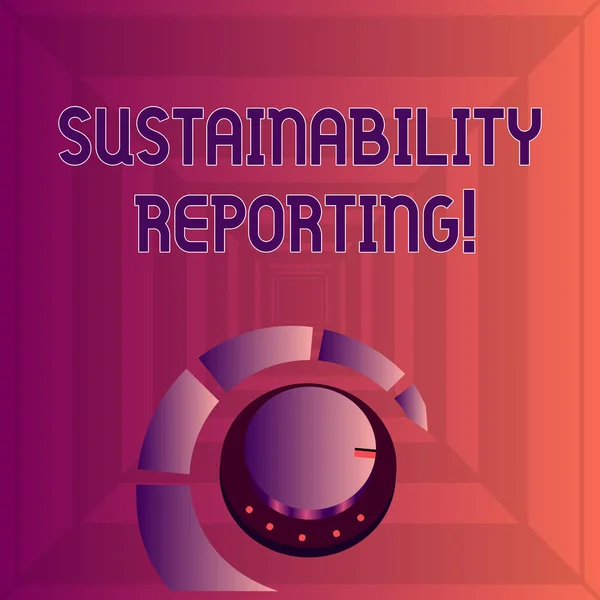 Pisanie notatki pokazujące Sustainability Reporting. Business Photo gablota dać informacji ekonomicznych środowiskowych perforanalysisce pokrętło regulacji głośności z linii znacznika i Loudness Indicator. — Zdjęcie stockowe