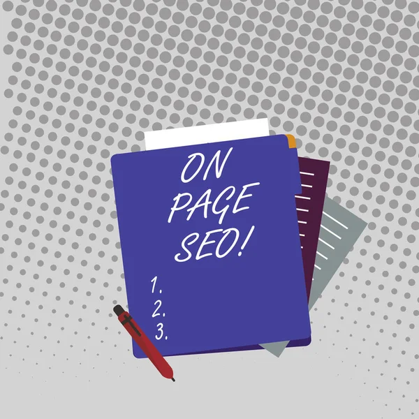 Texto de escritura a mano en Page Seo. Concepto significa que las medidas tomadas dentro del sitio web mejoran los rankings de búsqueda de posición Papelería de papel forrado colorido en parte a la vista de Pastel Blank Folder . — Foto de Stock