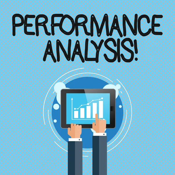 Escrita de mão conceitual mostrando Perforanalysisce Análise. Foto de negócios mostrando analisando Produtividade imrpove Entrada de qualidade Tempo Empresário Mão tocando no gráfico de barras na tela do smartphone . — Fotografia de Stock