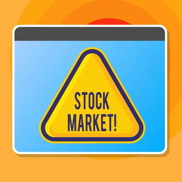 Skriveseddel som viser Børsen. Forretningsfoto som viser innsamlingsmarkeder der aktiviteter med kjøp av Blank Yellow Embossed Triangle med Border som Web Button In Screen . – stockfoto