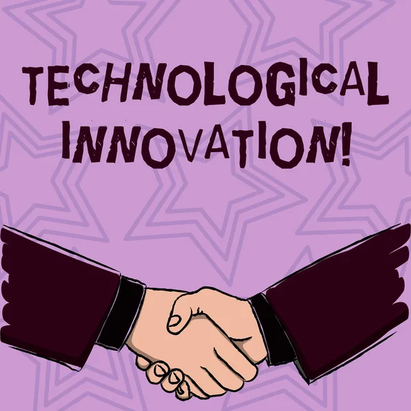 Текст для написания слов Технологические инновации. Бизнес-концепция включает в себя новые продукты и их существенные изменения Предприниматели крепко пожимают руки, как Жест формы приветствия и соглашения . — стоковое фото