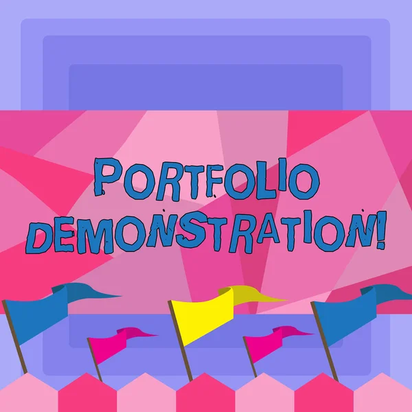 Handwriting text Portfolio Demonstration. Concept meaning range of investments held by demonstrating or organization Blank Solid Colorful Pennant Streamer Flag on Stick Mounted on Picket Fence.