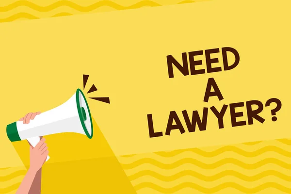 Word writing text Need A Lawyer Question. Business concept for asking if need demonstrating who practises or studies law Human Hand Holding Tightly a Megaphone with Sound Icon and Blank Text Space. — Stock Photo, Image