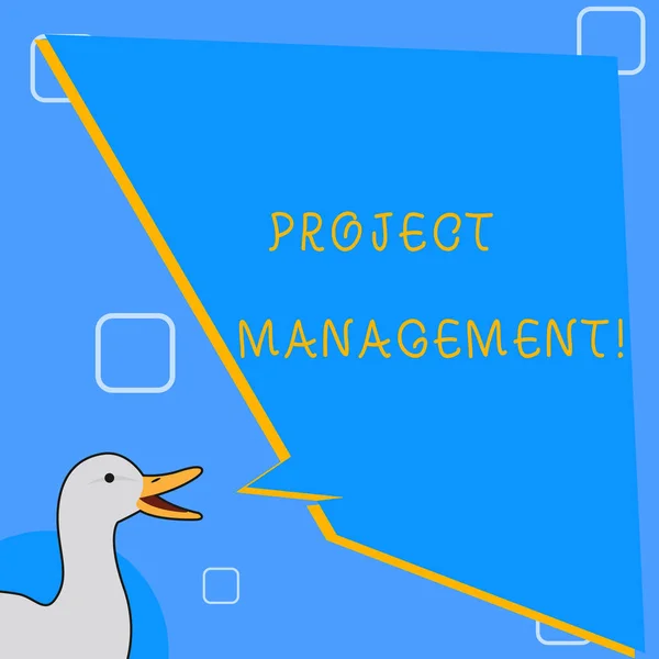 Word writing text Project Management. Business concept for practice of initiating planning controlling work team photo of Duck Speaking with Uneven Shape Blank Blue Speech Balloon.