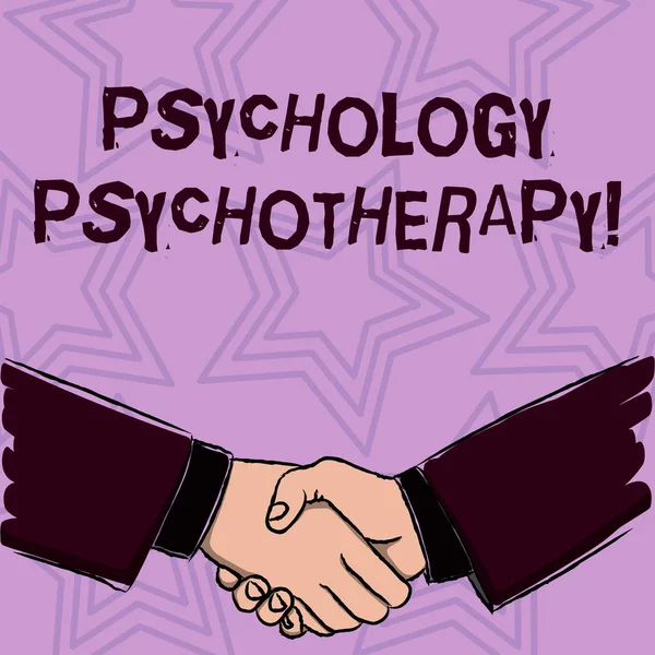 Word pisanie tekstu Psychologia Psychoterapia. Koncepcja biznesowa dla leczenia zaburzeń psychicznych przez psychologiczne oznacza biznesmenów drżenie rąk mocno jako gest formularza pozdrowienie i umowy. — Zdjęcie stockowe