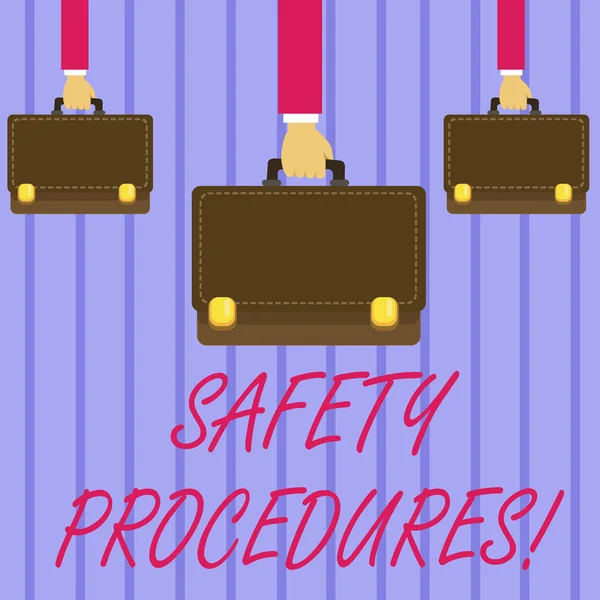 Writing note showing Safety Procedures. Business photo showcasing steps description of process when deviation may cause loss Hands Carrying Brown Briefcase with Running Style and Lock. — Stock Photo, Image