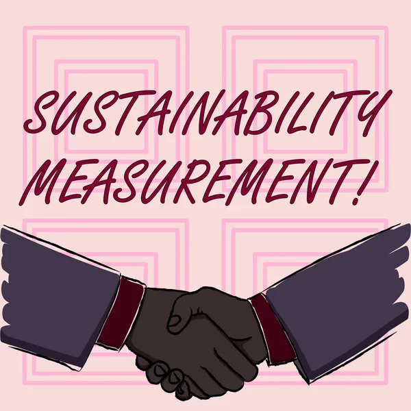 Konzeptionelle Handschrift zur Messung der Nachhaltigkeit. Business-Foto präsentiert Maßnahme ökologischen sozialen und wirtschaftlichen Bereichen Geschäftsleute schütteln Hände Form der Begrüßung und Übereinstimmung. — Stockfoto