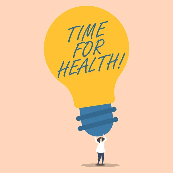 Word tekst intoetsen Time For Health. Bedrijfsconcept voor moment voor fysiek mentale en niet alleen maar afwezigheid ziekte persoon permanent en verhogen van wapens houden grote gele gloeilamp voor ideeën. — Stockfoto