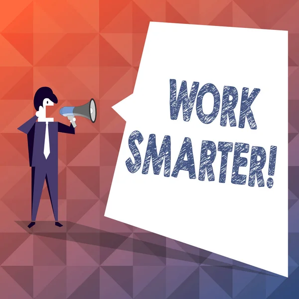 Text sign showing Work Smarter. Conceptual photo its better to efficient and productive than waste time Businessman Shouting on Megaphone and Blank White Uneven Shape Speech Bubble.