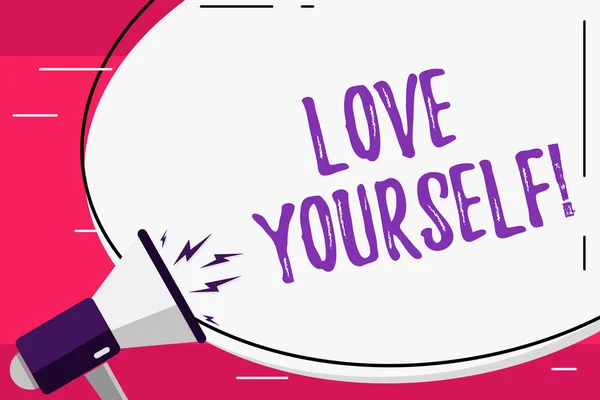 Parola che scrive testo Love Yourself. Concetto di business per avere rispetto di sé immagine positiva e accettazione incondizionata Bianco bianco enorme forma ovale adesivo e Megafono urlando con l'icona del volume . — Foto Stock